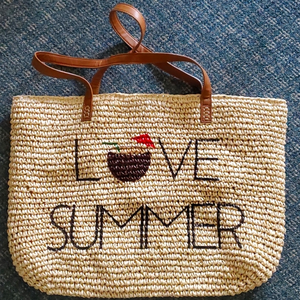 Woven Straw Beach Bag Love Summer